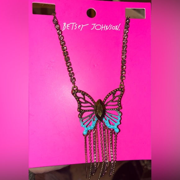BETSEY JOHNSON Antiqued Gold & Turquoise Butterfly Crystal & Fringe Necklace NWT - Picture 5 of 6